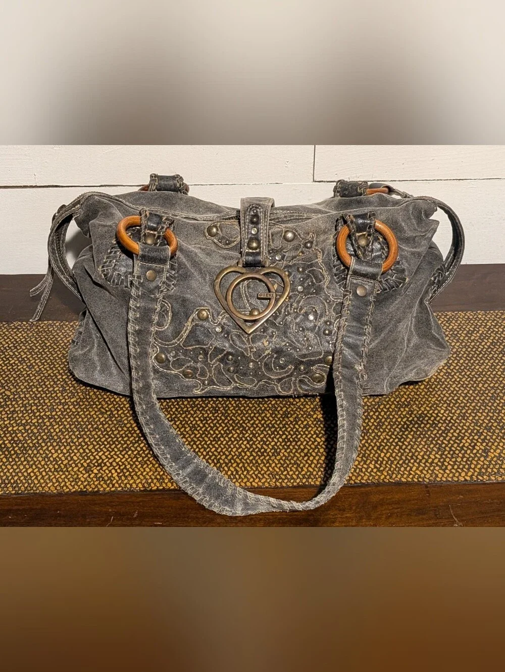 Y2K Guess Hobo Bag Womens Large Pewter Metallic Logo Rhinestone Whipstitch Studs